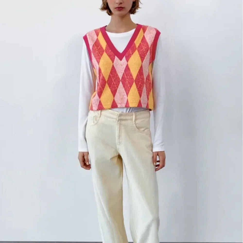 Zara Argyle Printed Knit Vest M - Picture 2 of 6
